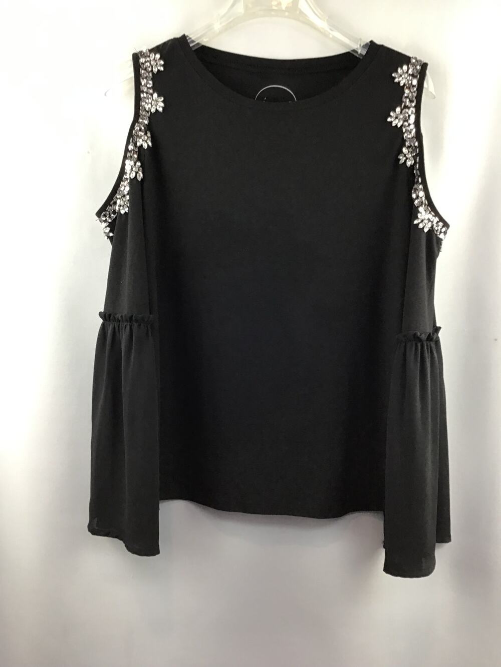 Women’s INC Black Bejeweled Cold Shoulder Blouse Size Medium